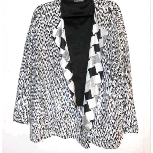 Diane Von Furstenberg Sequin Blazer Black White Gray Jacket Medium Marx Tweed - Picture 1 of 9
